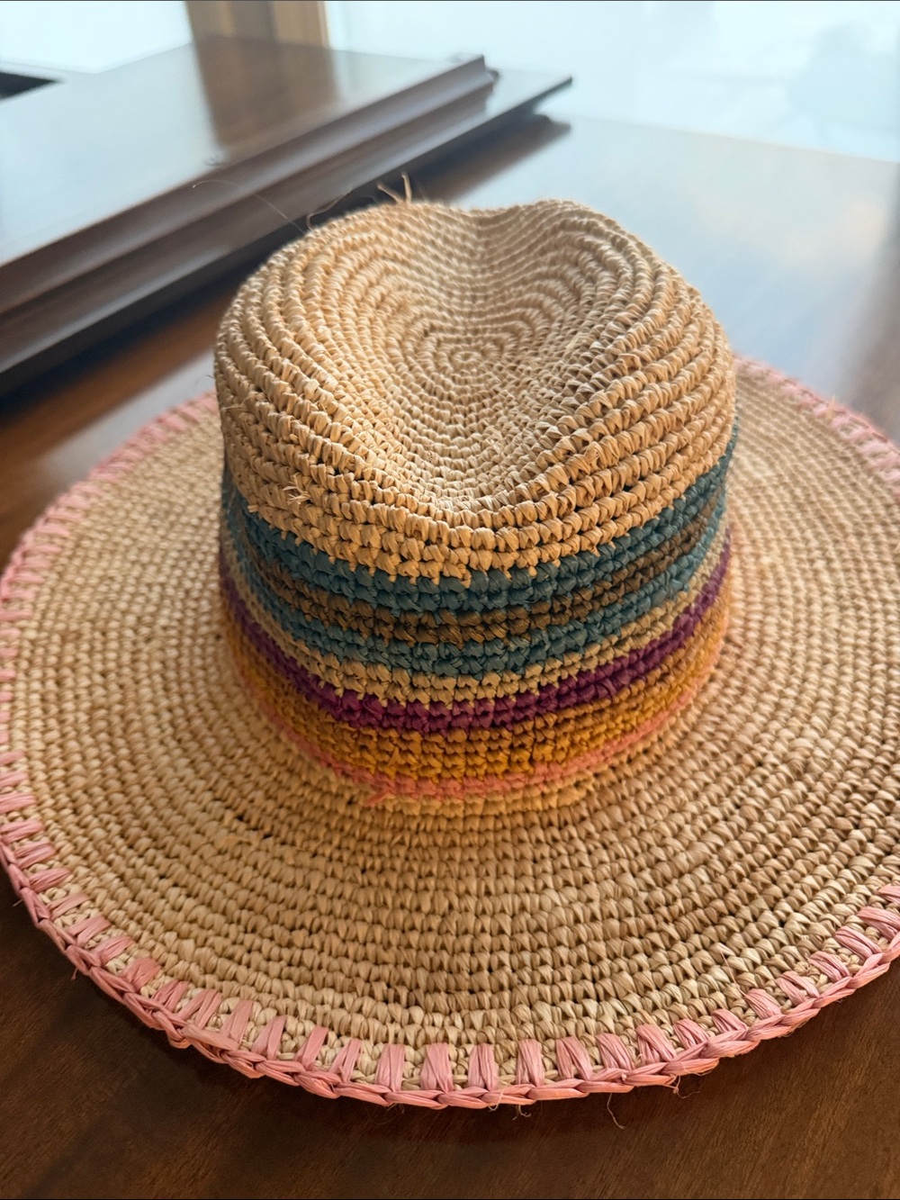 Straw Sun Hat with Pink Trim and Multicolor Band